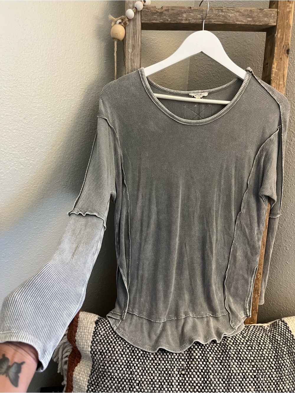 Washed Gray Ribbed Long Sleeve Tee